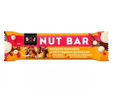 SOJ Ореховый батончик NUT BAR МИНДАЛЬ-КАРАМЕЛЬ с ирисо-сливочным вкусом с хрустящими шариками 40g фото
