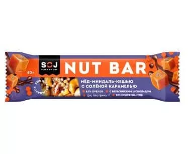 SOJ Ореховый батончик NUT BAR МЕД-МИНДАЛЬ-КЕШЬЮ с ирисо-сливочным вкусом с соленой карамелью 40g фото