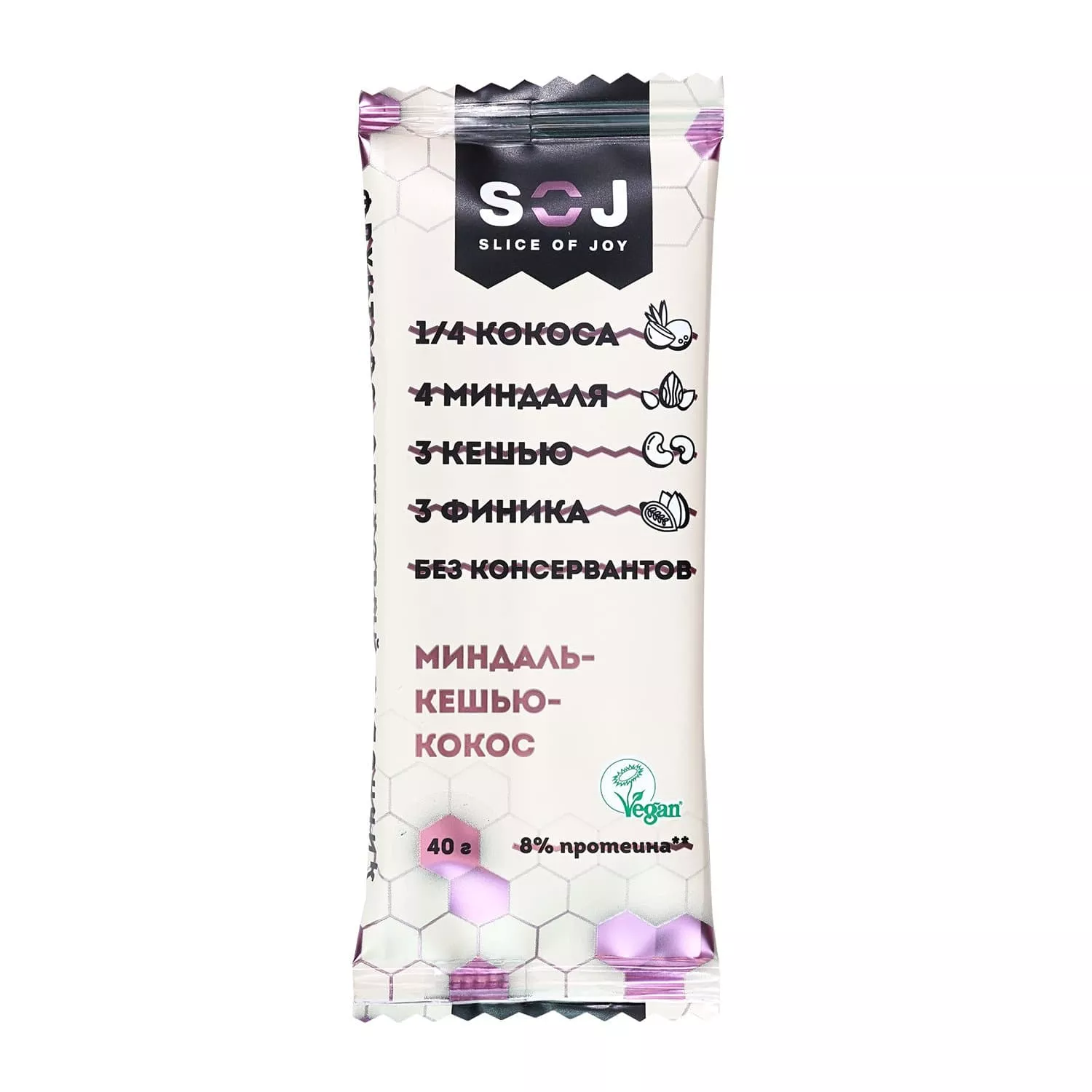 SOJ VEGAN Фруктово-ореховый батончик со вкусом кокоса "МИНДАЛЬ-КЕШЬЮ-КОКОС" 40g
