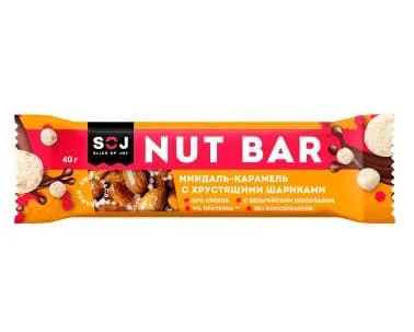 SOJ Ореховый батончик NUT BAR МИНДАЛЬ-КАРАМЕЛЬ с ирисо-сливочным вкусом с хрустящими шариками 40g фото